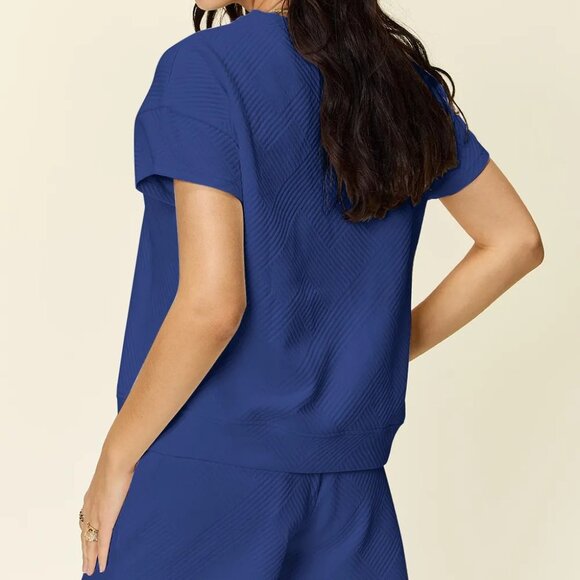 Double Take Full Size Texture Short Sleeve T-Shirt and Drawstring Shorts Set - Picture 2 of 3